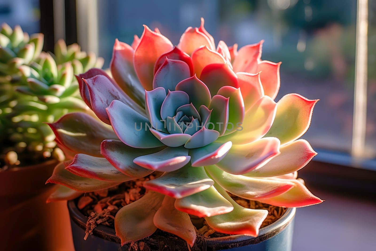 Succulent Echeveria in a pot on a window on a sunny day. Close up by Ramanouskaya