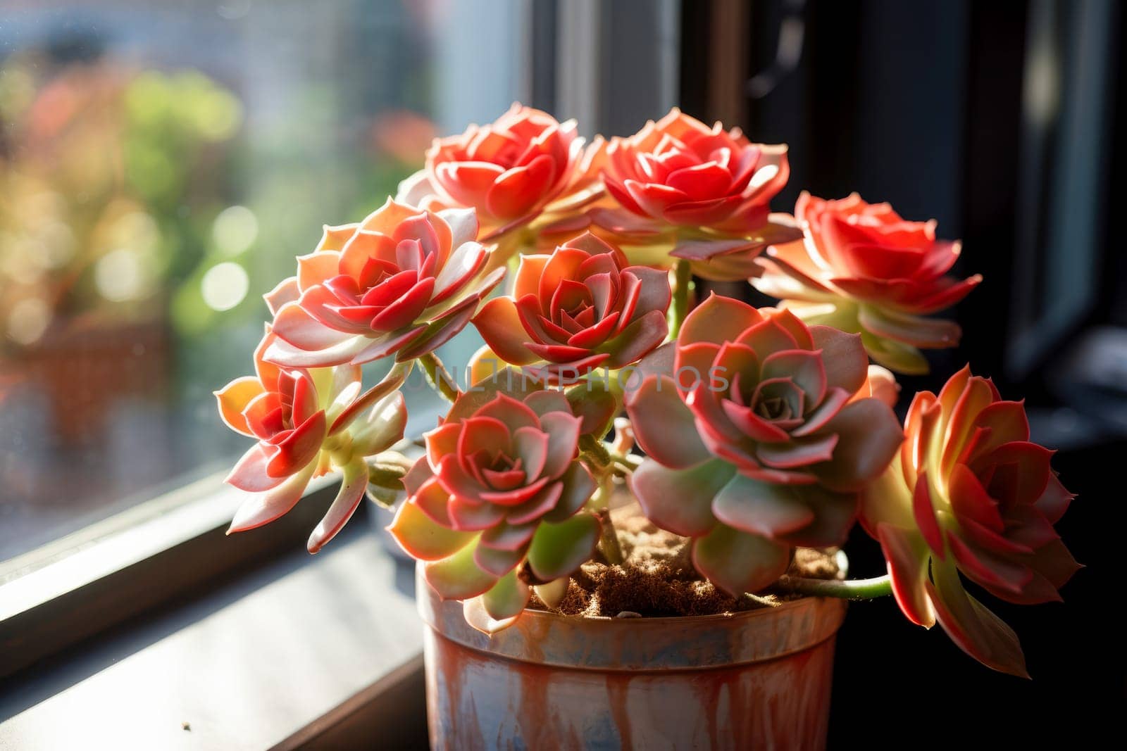 Succulent Echeveria in a pot on a window on a sunny day. Close up.