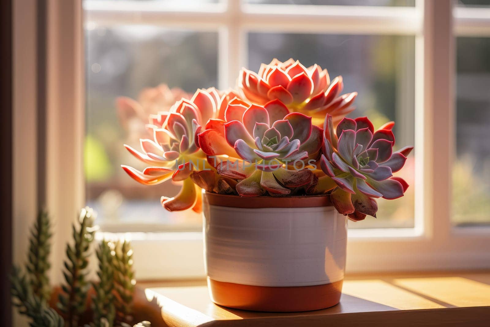 Juicy echeveria in a pot at the window on a sunny day. close up by Ramanouskaya
