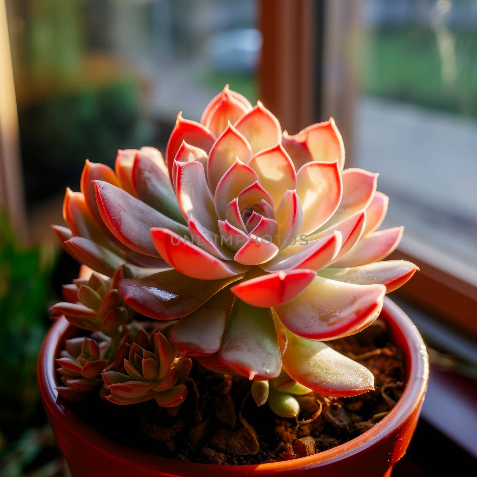 Succulent Echeveria in a pot on a window on a sunny day. Close up.