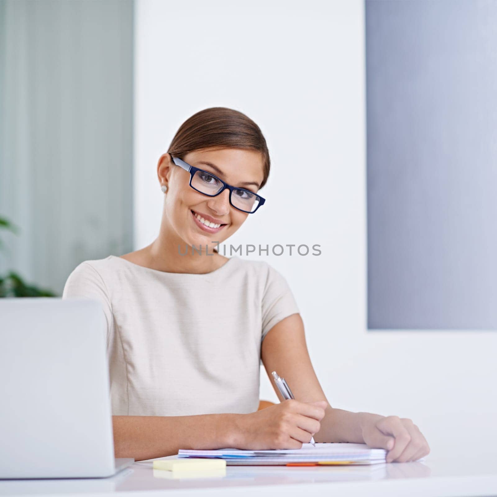 Woman, teacher and laptop for notes in portrait, education and working on school curriculum. Female person, ideas and internet for research in classroom, problem solving and journal for lesson plan by YuriArcurs