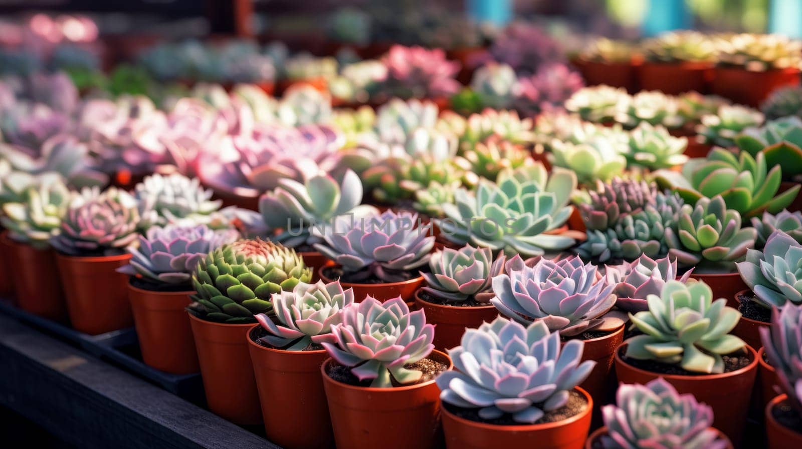 succulents in a greenhouse in clay pots are arranged in rows on a wooden surface. by Ramanouskaya