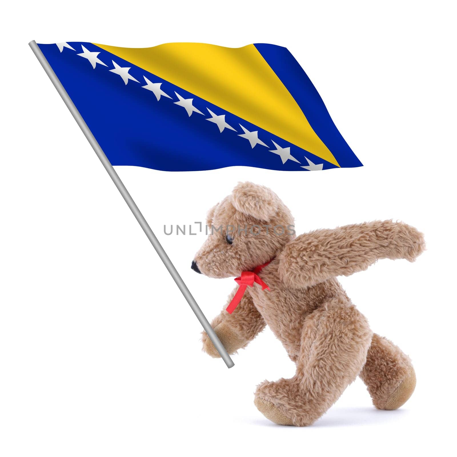 Bosnia Herzegovina flag being carried by a cute teddy bear by VivacityImages