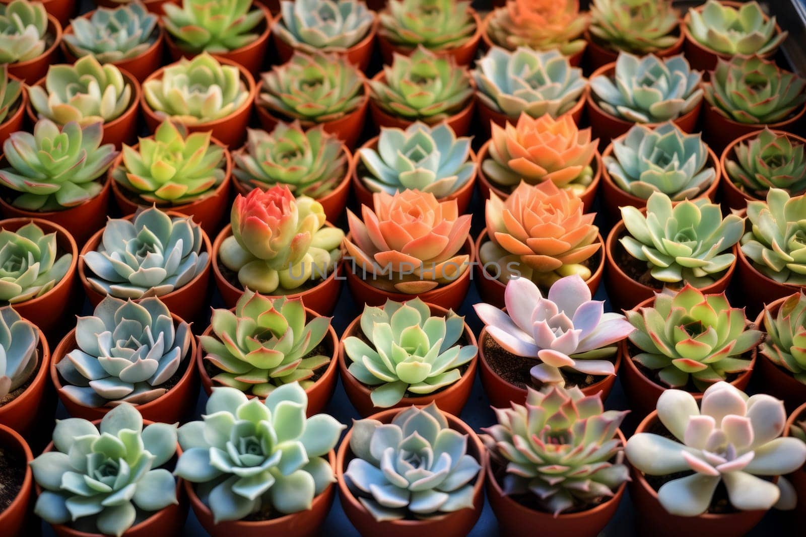 succulents in a greenhouse in clay pots are arranged in rows on a wooden surface