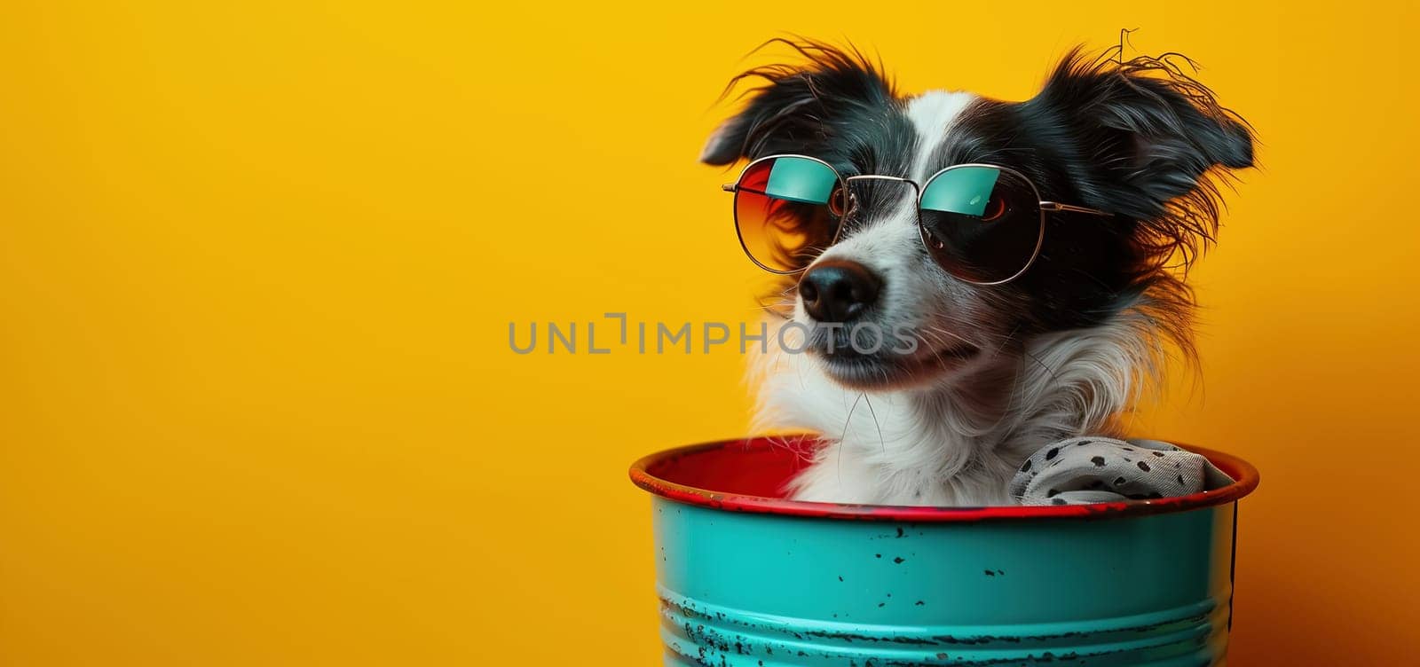 funny puppy dog going on vacations wearing sunglasses, Isolated on yellow background. by Andelov13