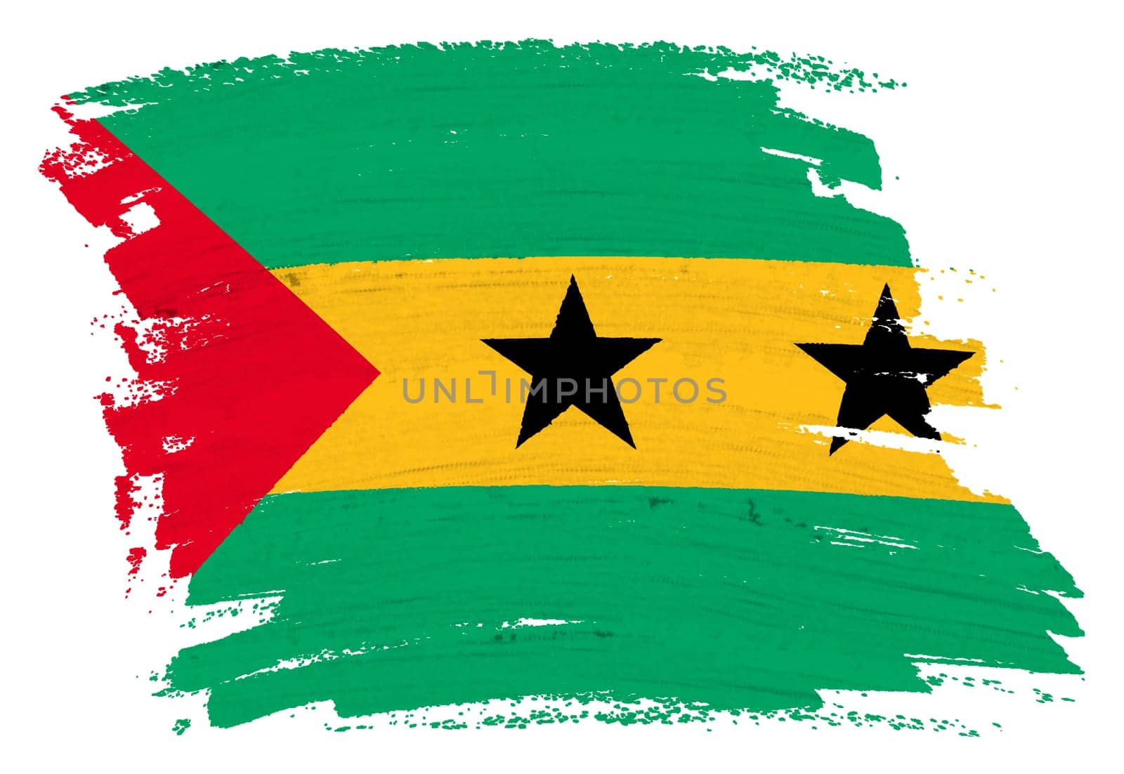 A Sao Tome and Principe flag background paint splash brushstroke 3d illustration with clipping path green yellow stripes red triangle black stars