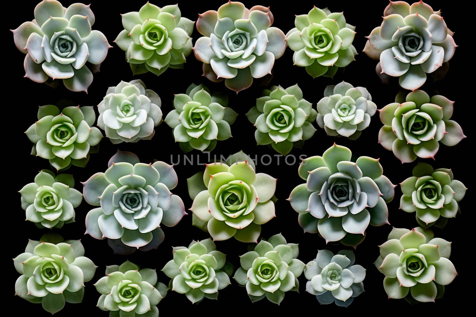 succulents, cacti on a black background, pattern. Flat lay, top view. by Ramanouskaya