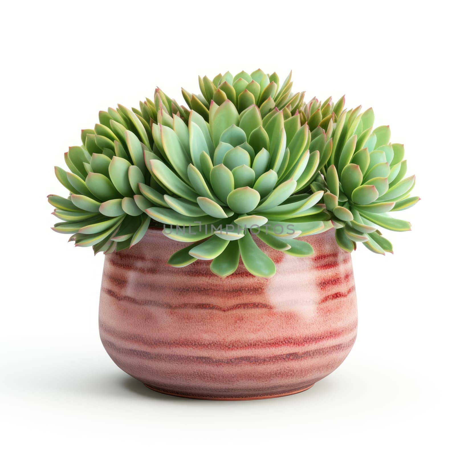 Succulent in brown pot isolated on white background, Echeveria close up. by Ramanouskaya
