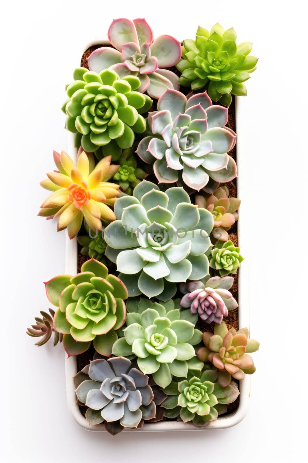 pattern of mixed succulents plant in pot pattern on white background , overhead or top view.