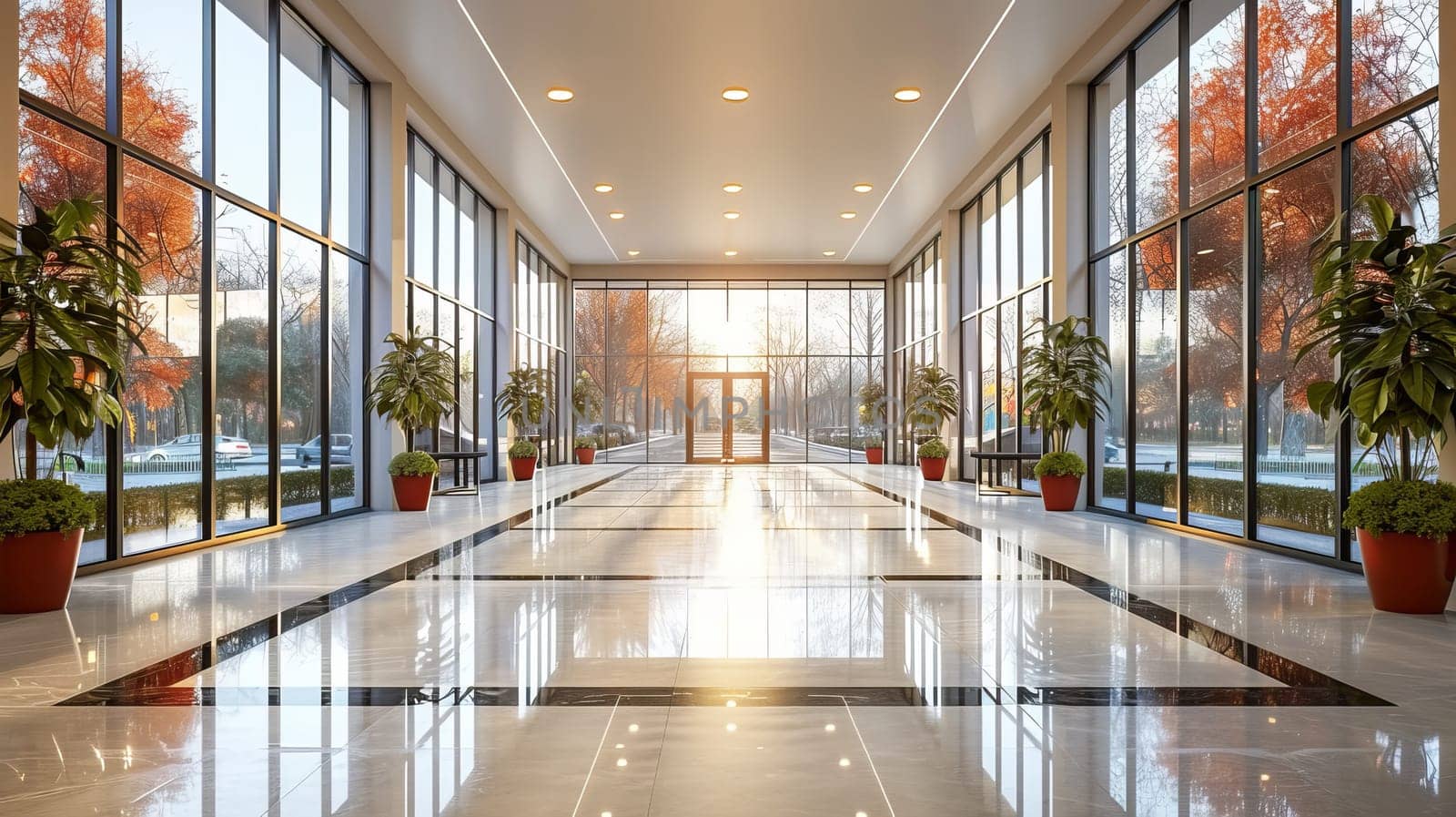 A beautiful modern spacious office hall with panoramic windows and a perspective in pleasant orange and blue tone.