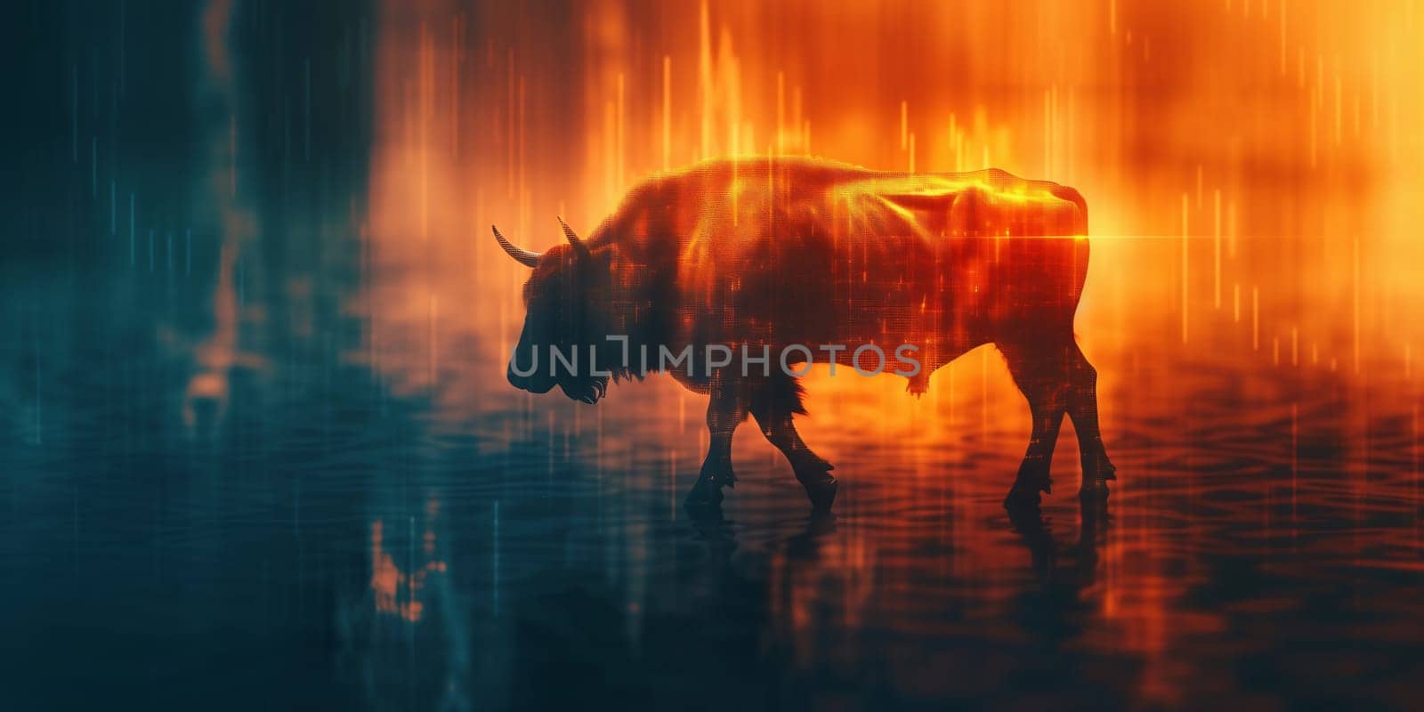 silhouette form of bull on financial stock market graph represent stock market rising or uptrend investment 3d illustration
