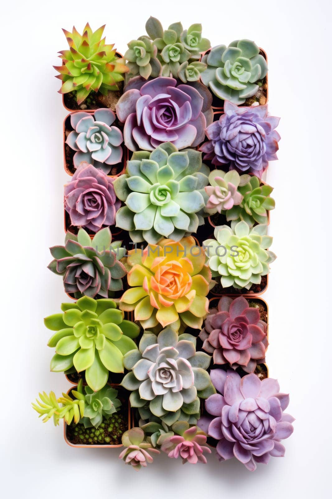 pattern of mixed succulents plant in pot pattern on white background , overhead or top view.