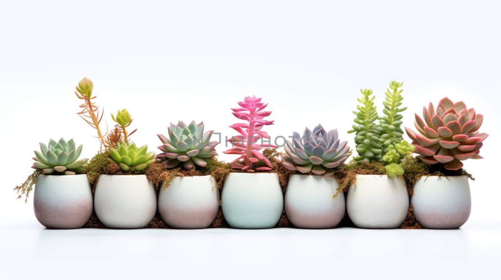 Collection of various cacti and juicy plants in various pots. Houseplants on a white background by Ramanouskaya