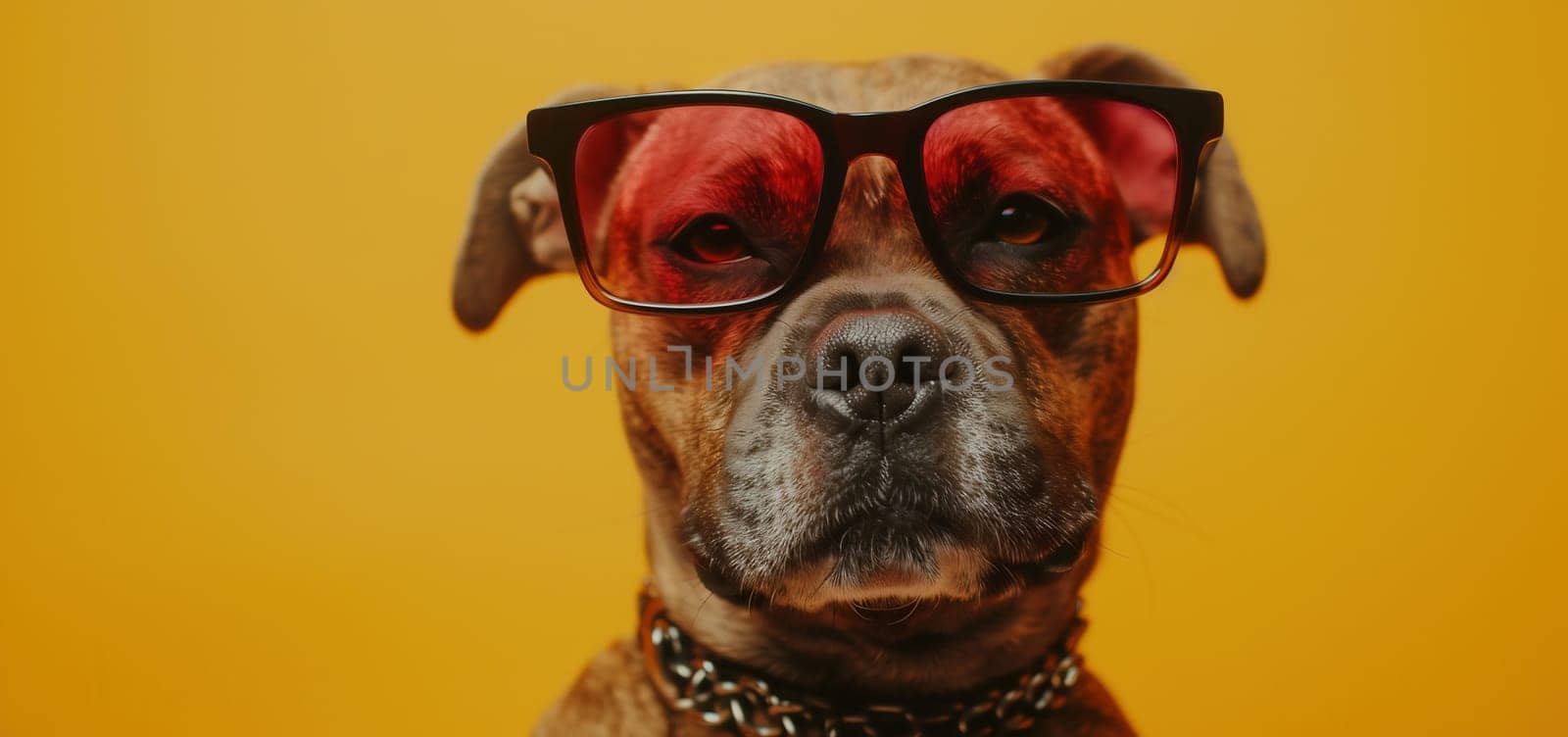 funny puppy dog going on vacations wearing sunglasses, Isolated on yellow background. High quality photo