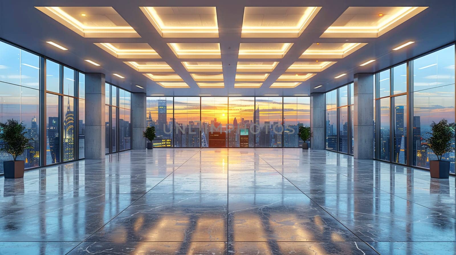 A beautiful modern spacious office hall with panoramic windows and a perspective in pleasant orange and blue tones.