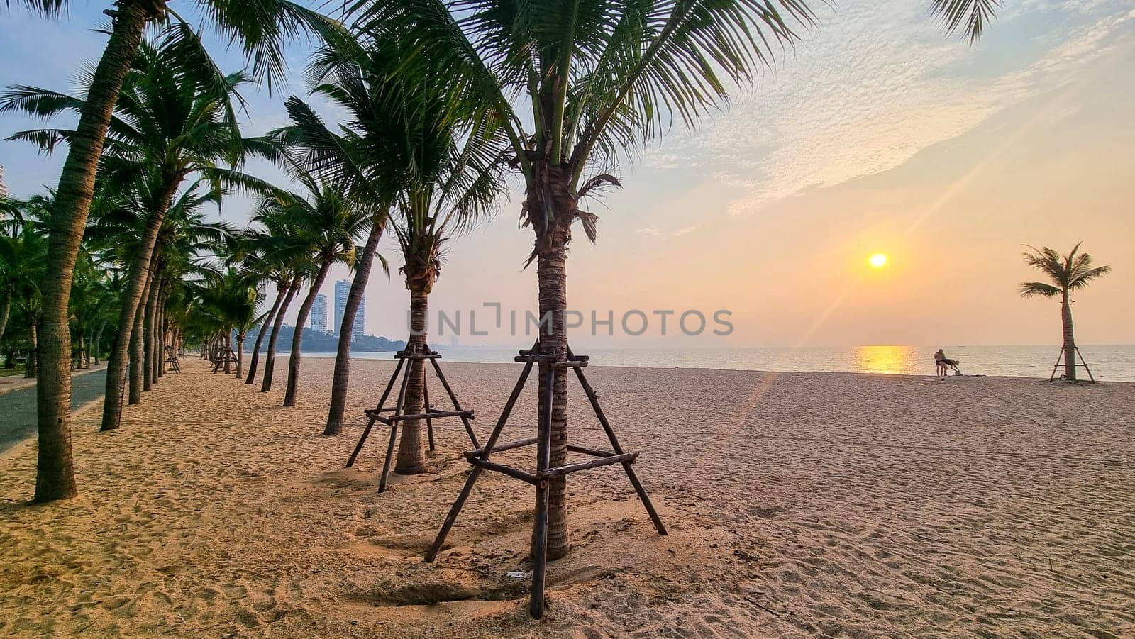 A serene beach scene with tall palm trees swaying in the breeze against a colorful sunset backdrop by fokkebok