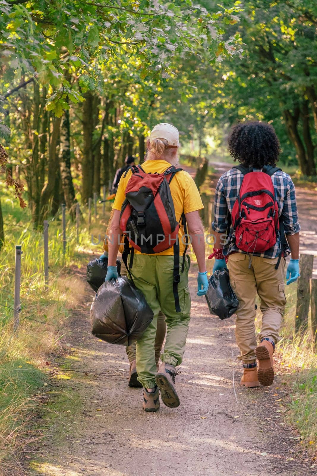 Volunteers of a multinational group go into the forest with bags for collecting and recycling garbage, we see the backs with rucksacks of people leaving for the forest, High quality photo
