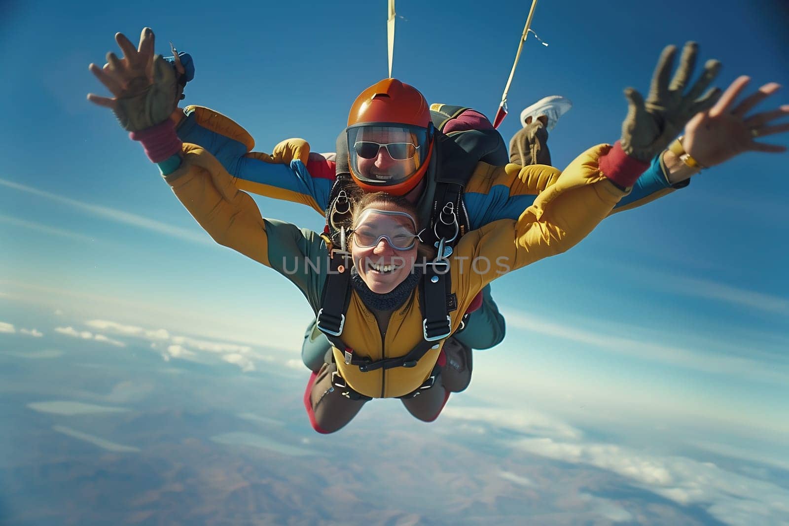 Pretty woman is flying tandem skydive in the sky. High quality photo