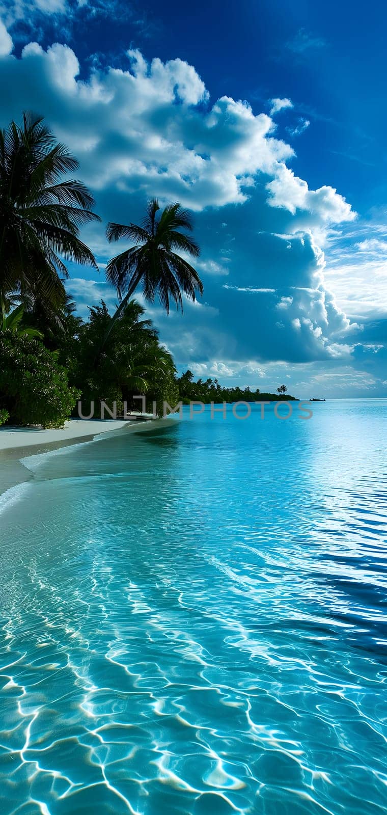 tropical beach view at afternoon with white sand, turquoise water and palm tree. Neural network generated image. Not based on any actual scene or pattern.