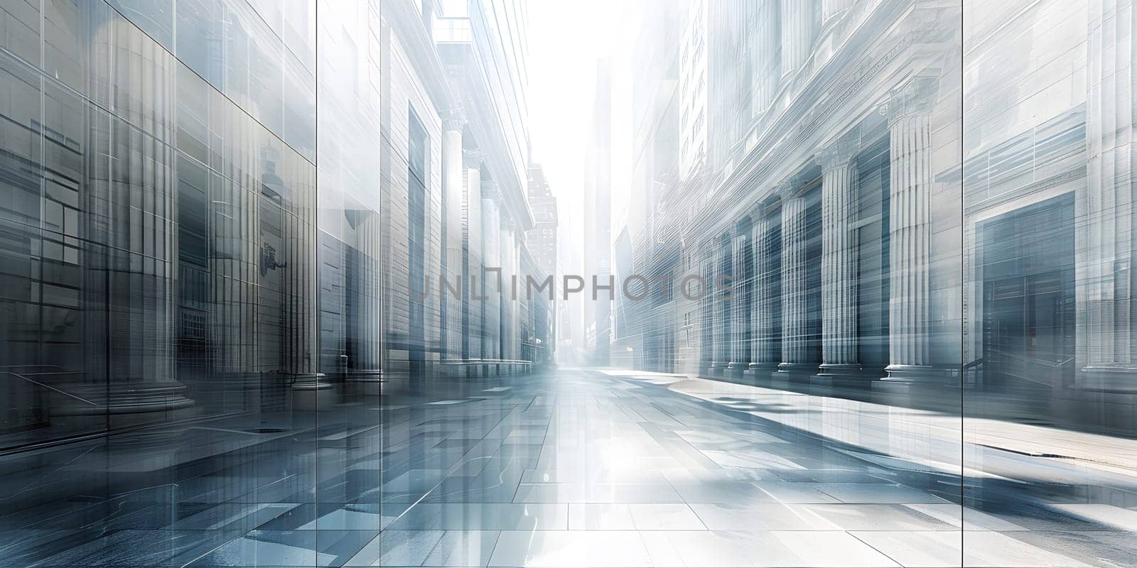 An artistic photograph of a city street with symmetrical buildings, columns, and glass facades. The blurry image showcases a mesmerizing pattern of tints and shades in electric blue hues