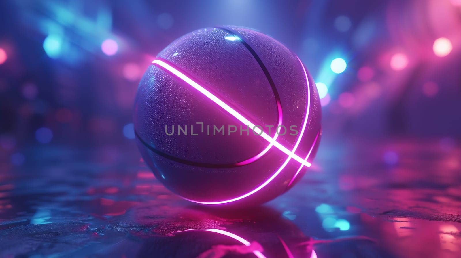 Basketball ball isolated on dark background. Blue neon banner. Horizontal sport theme poster, greeting cards, headers, website and app by Andelov13