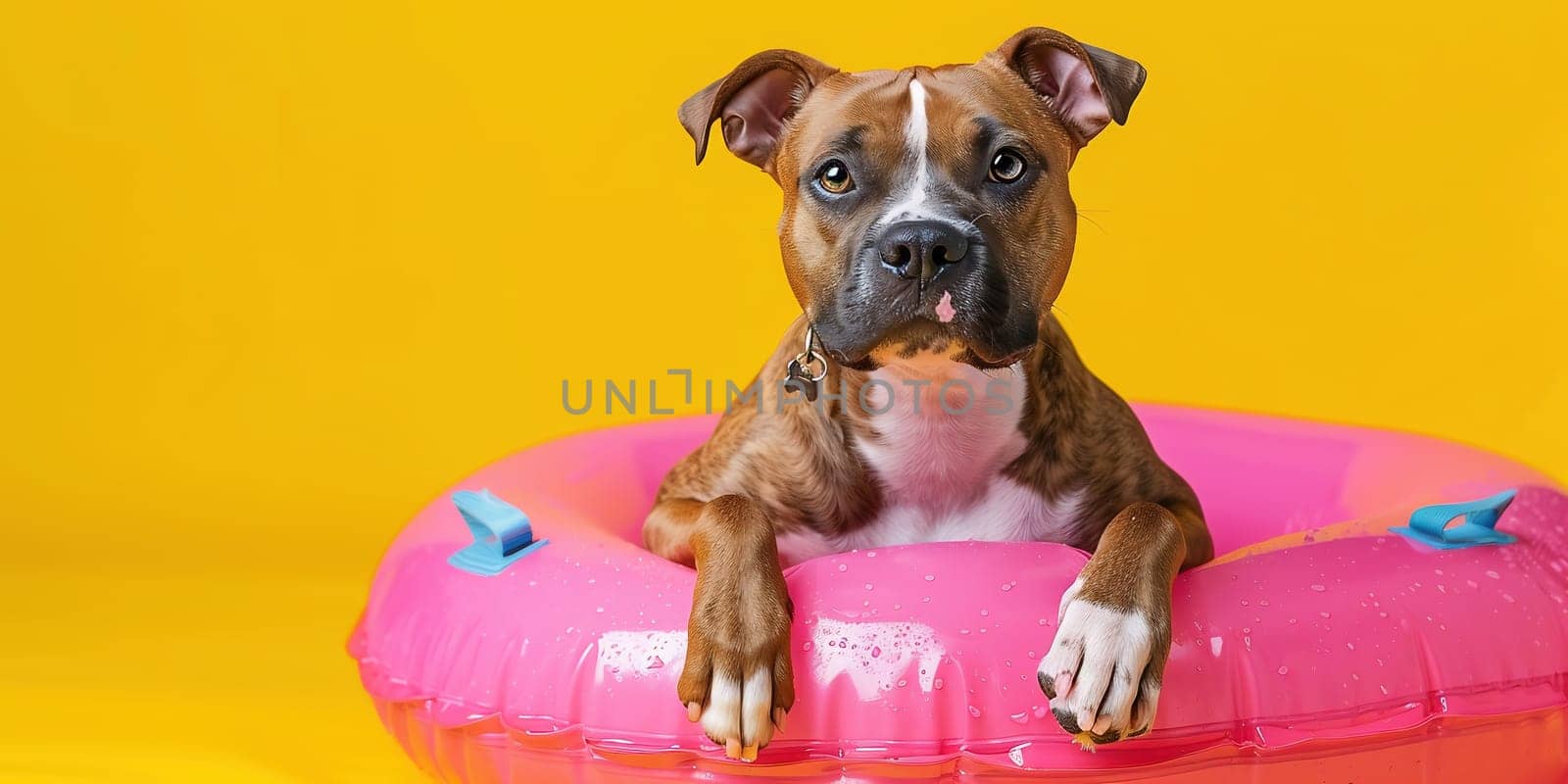 Portrait puppy dog summer. dog inside of an inflatable. Isolated on yellow background by Andelov13