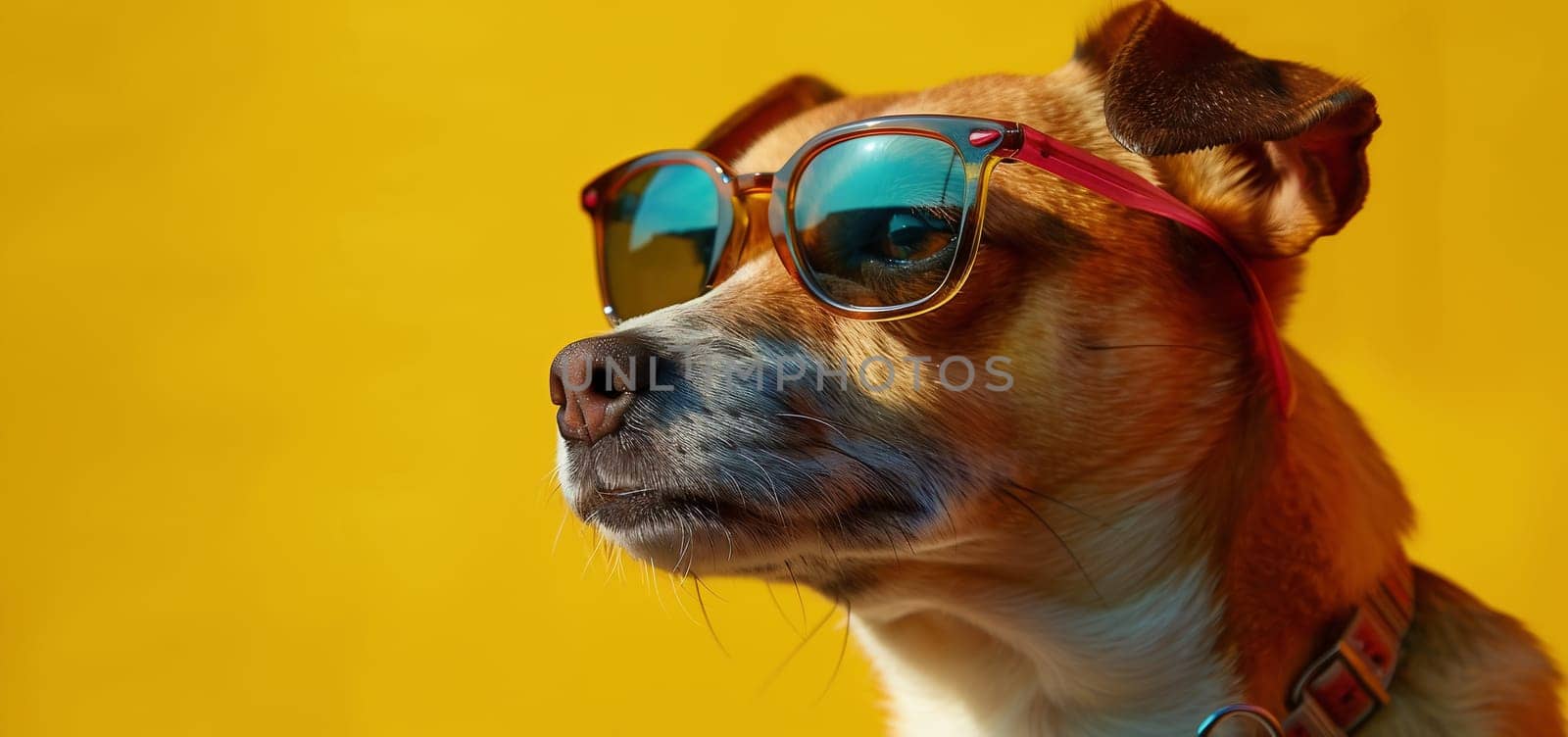 funny puppy dog going on vacations wearing sunglasses, Isolated on yellow background. High quality photo