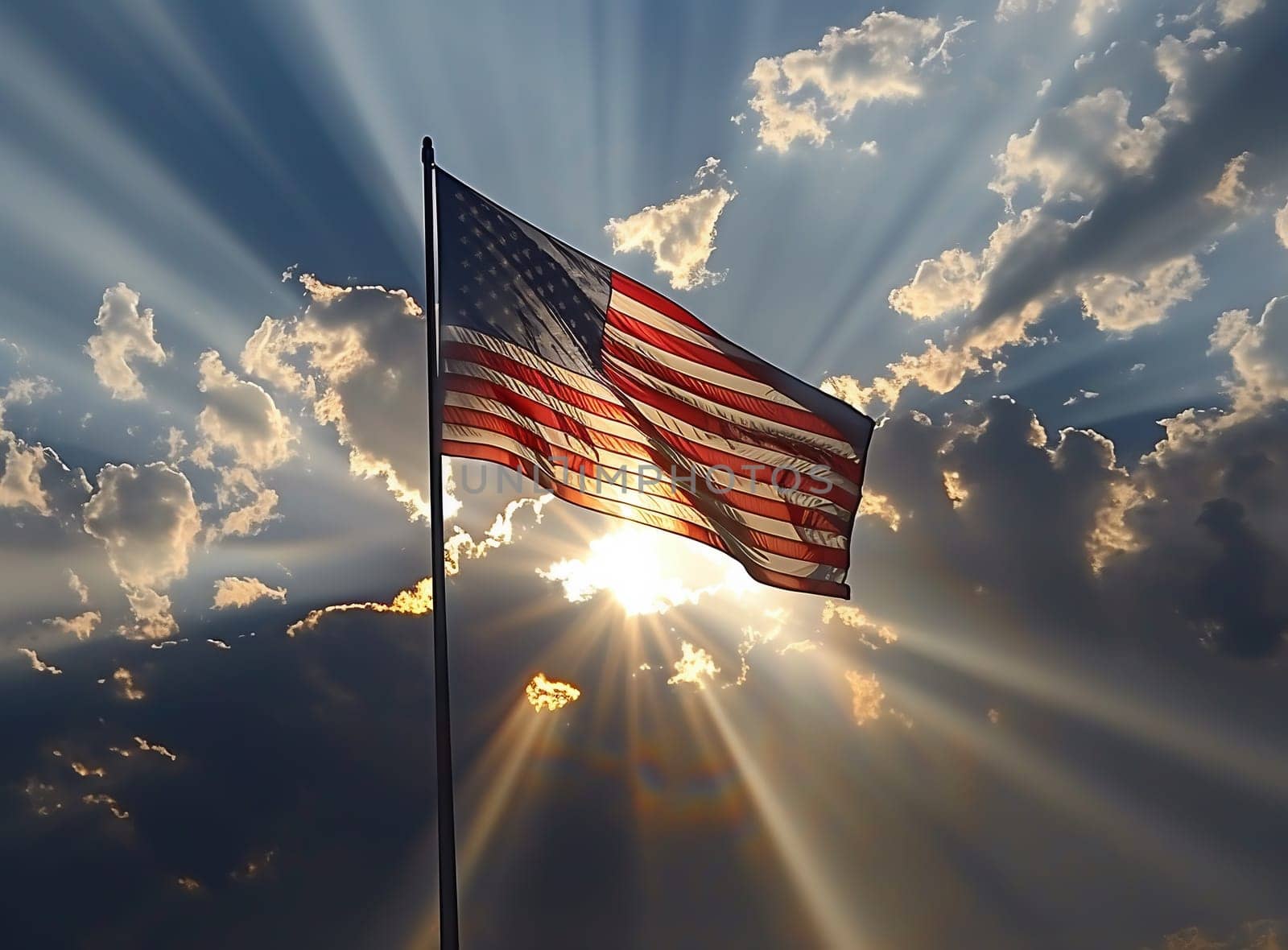American flag in front of bright sky. High quality photo