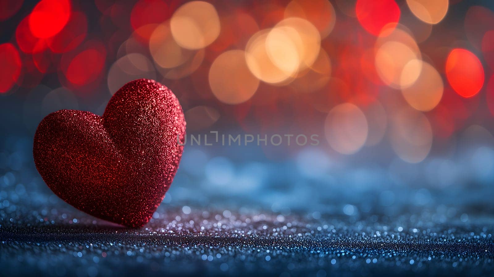 Red heart on table with selective focus and bokeh background for valentine day greeting card. Neural network generated image. Not based on any actual person or scene.