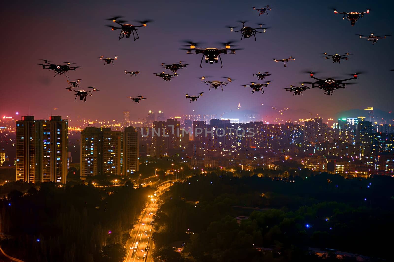 Group of drones over city at summer night. Neural network generated image. Not based on any actual scene or pattern.