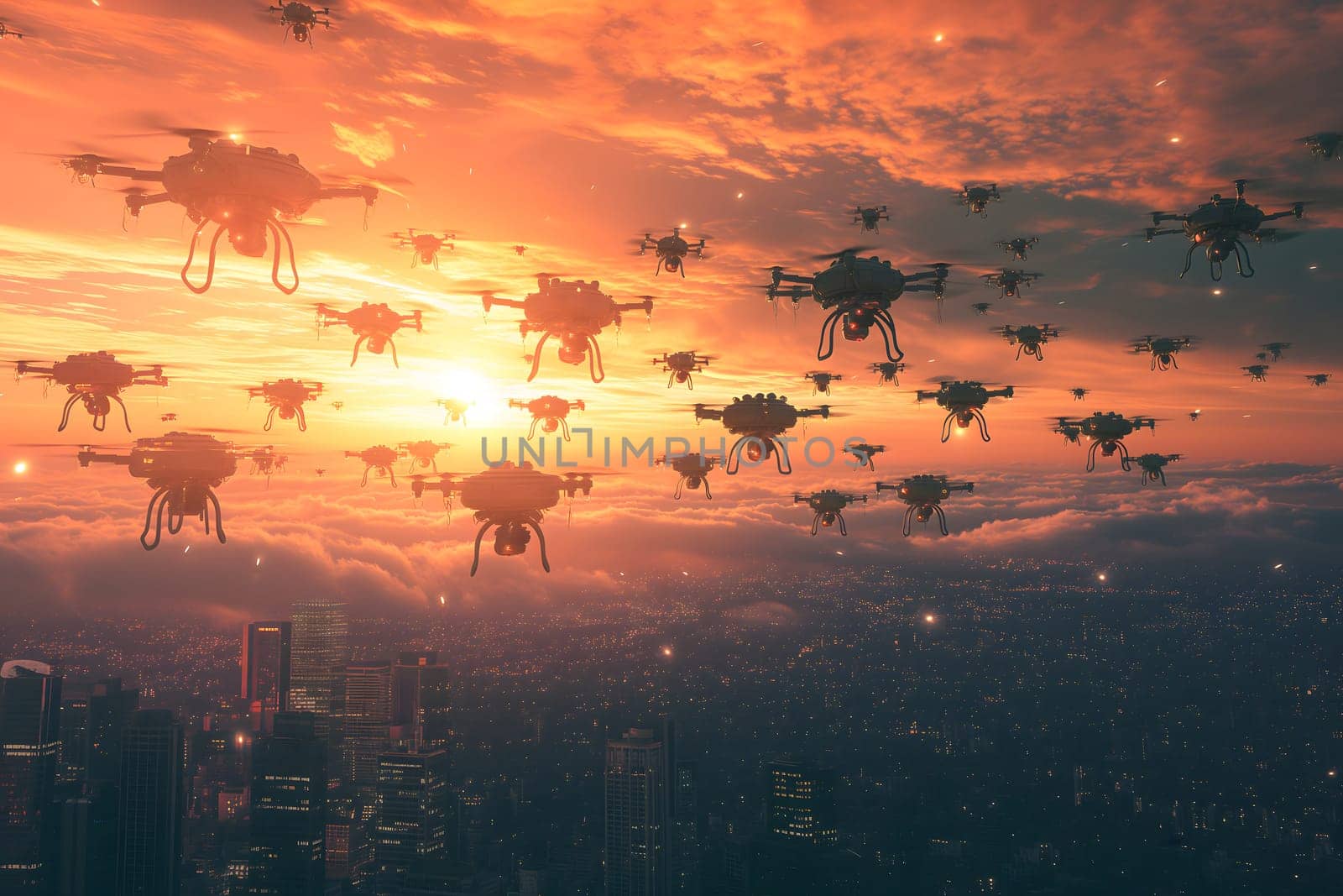 swarm of drones over city at summer morning by z1b
