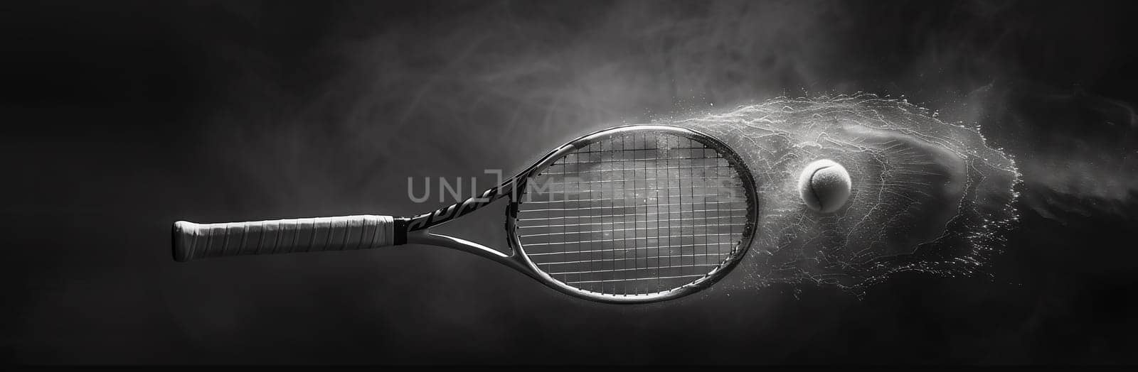 Tennis racket racquet isolated against a black background in black and white. High quality photo