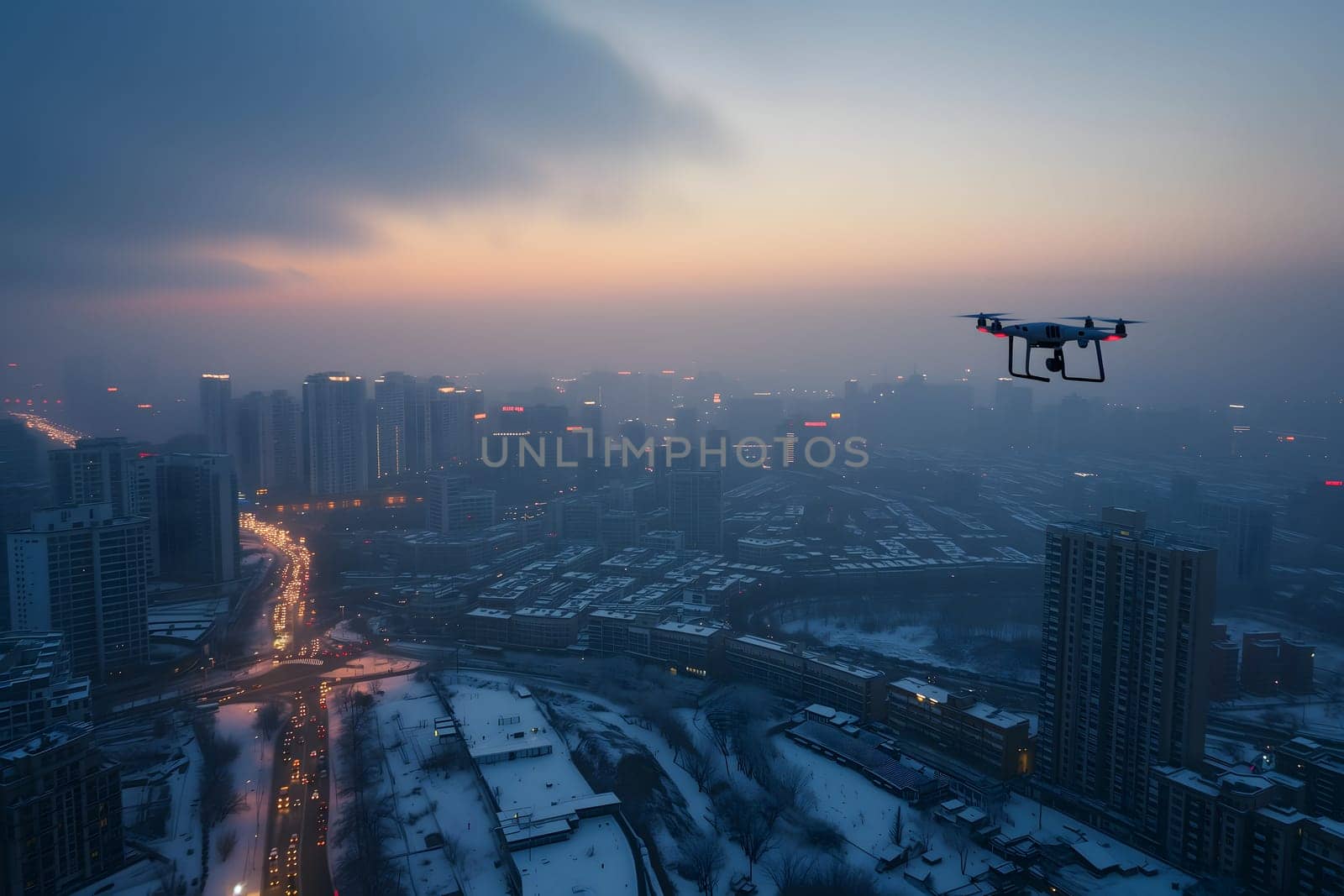 Flying drone above the city at misty winter morning. Neural network generated image. Not based on any actual scene or pattern.