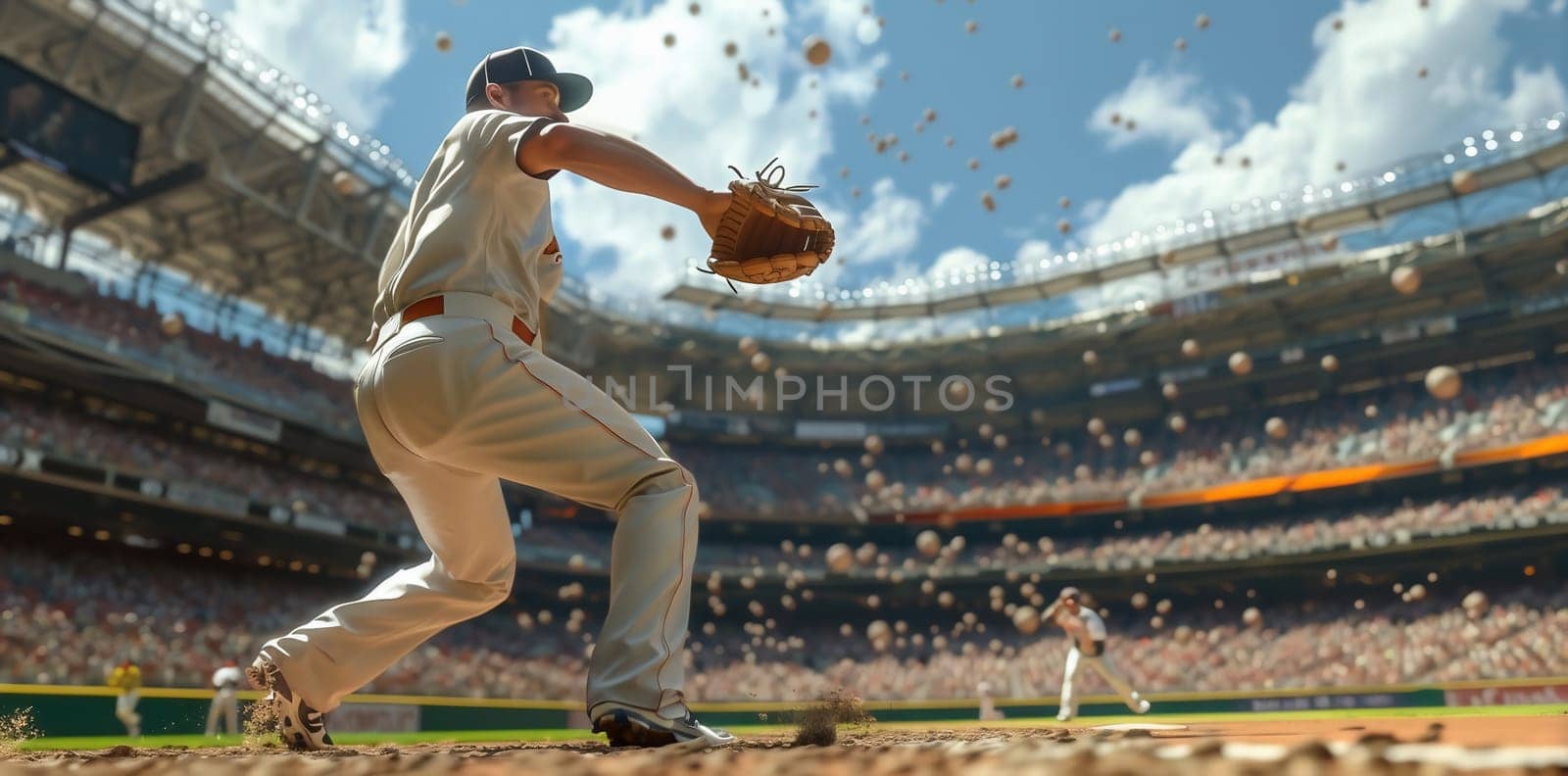 Baseball player throws the ball on professional baseball stadium by Andelov13