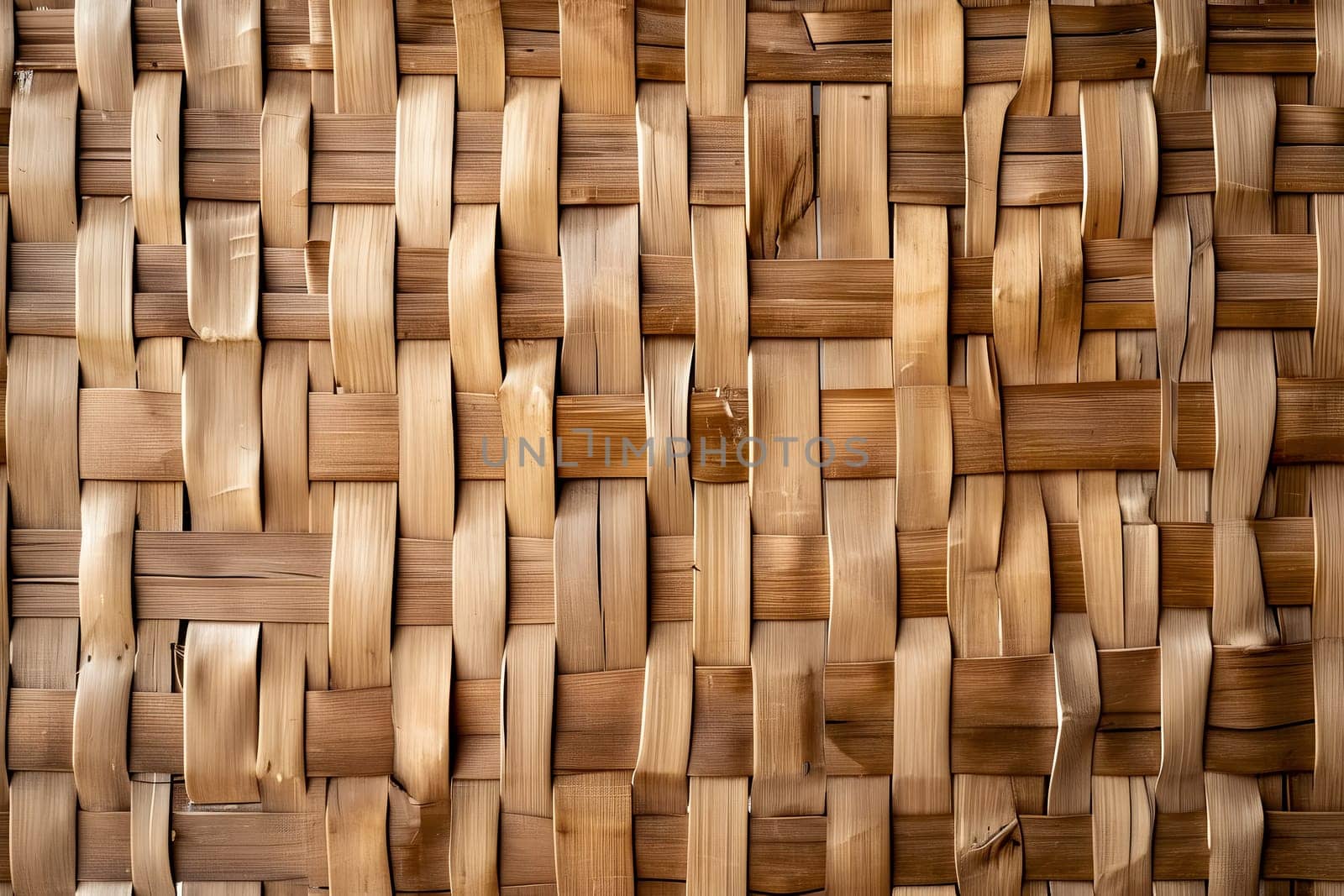 Flat full-frame seamless texture of wicker bamboo wall. Neural network generated image. Not based on any actual scene or pattern.