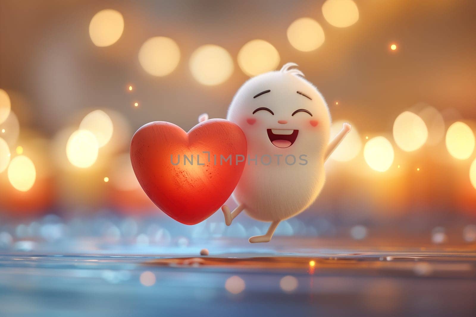 A white bird with a red heart marking standing on a bed of rocks.