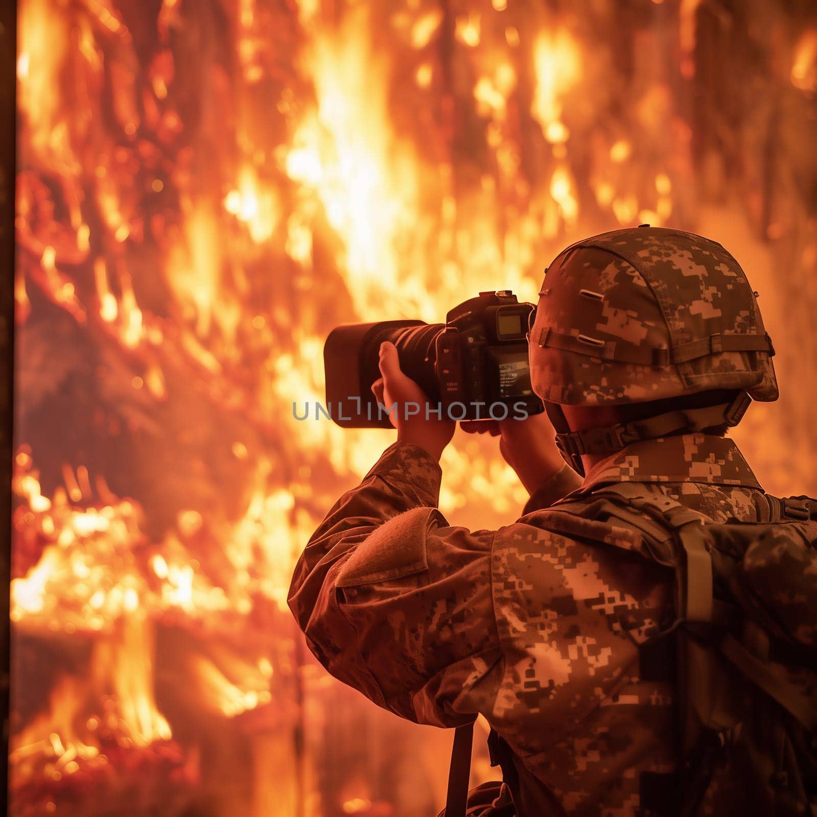 War in battlefield. Digital Art Illustration Painting. a soldier takes a picture by a burning moscow by Andelov13