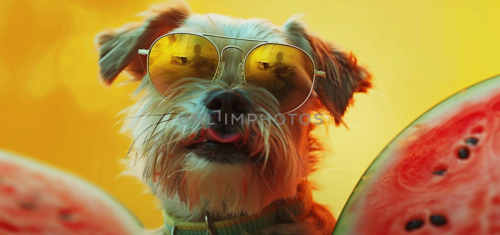 Smiling puppy wearing sunglasses holds a watermelon by Andelov13