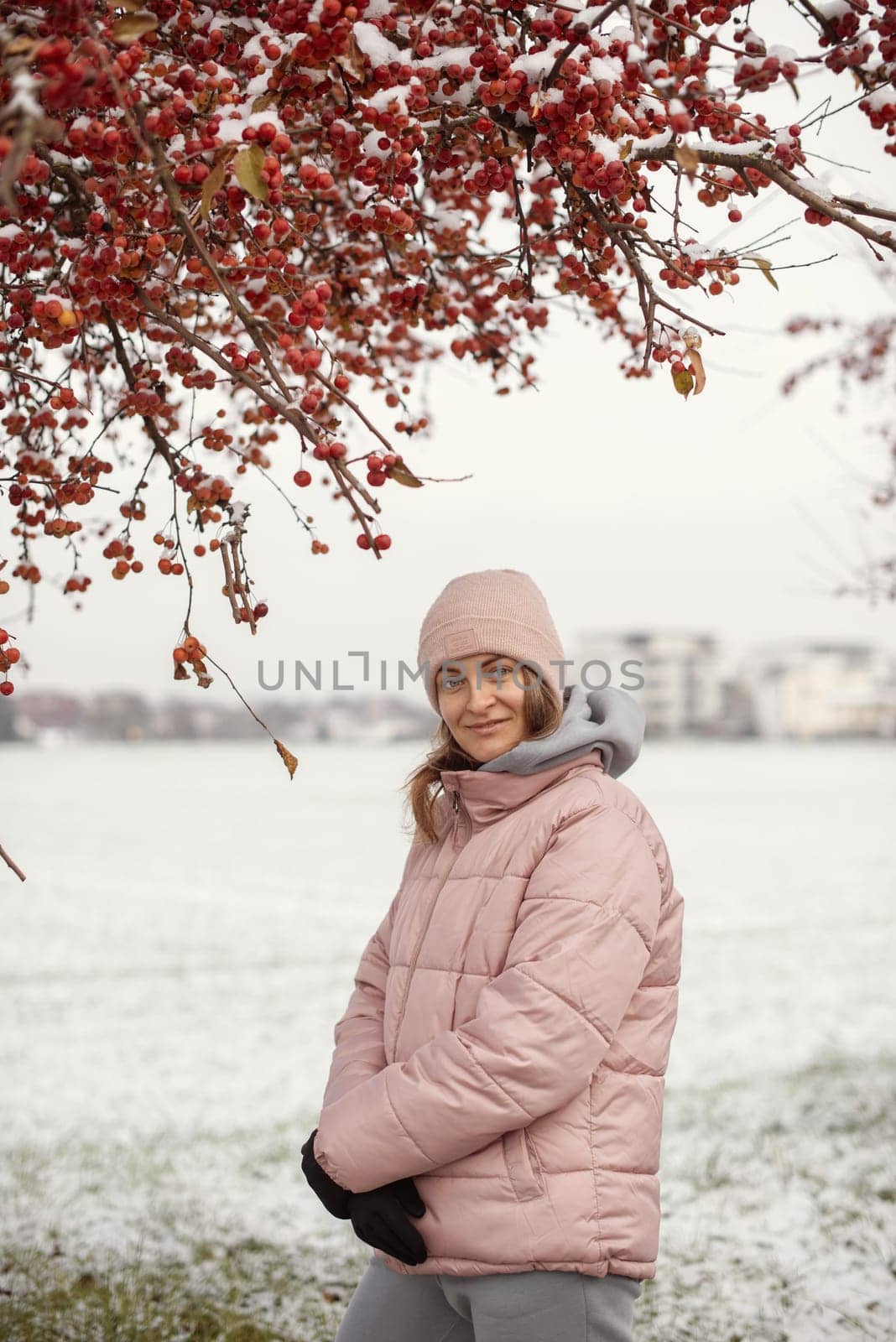 Winter Elegance: Portrait of a Beautiful Girl in a Snowy European Village. Winter lifestyle portrait of cheerful pretty girl. Smiling and having fun in the snow park. Snowflakes falling down. Christmas Radiance: Capturing Winter Elegance in the Snowy Ambiance of a European Village by Andrii_Ko