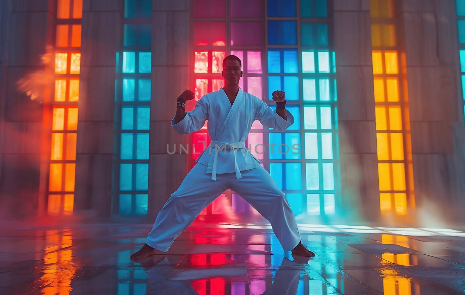 coach of karate, man, fighter or athlete posing in fighting stance with fists in white kimono, suit, with belt on beige wall. Martial art and energy. High quality photo
