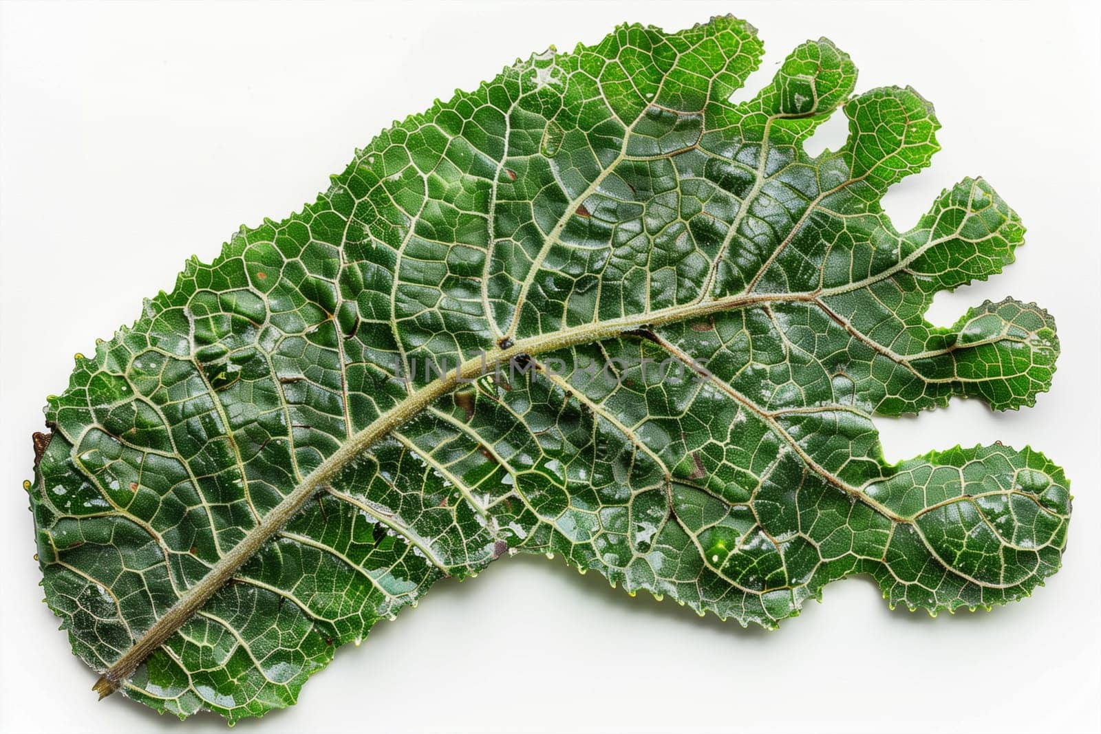 Bright green leaf shaped like a human foot with detailed texture and natural patterns, isolated on a white background. Ecological concept