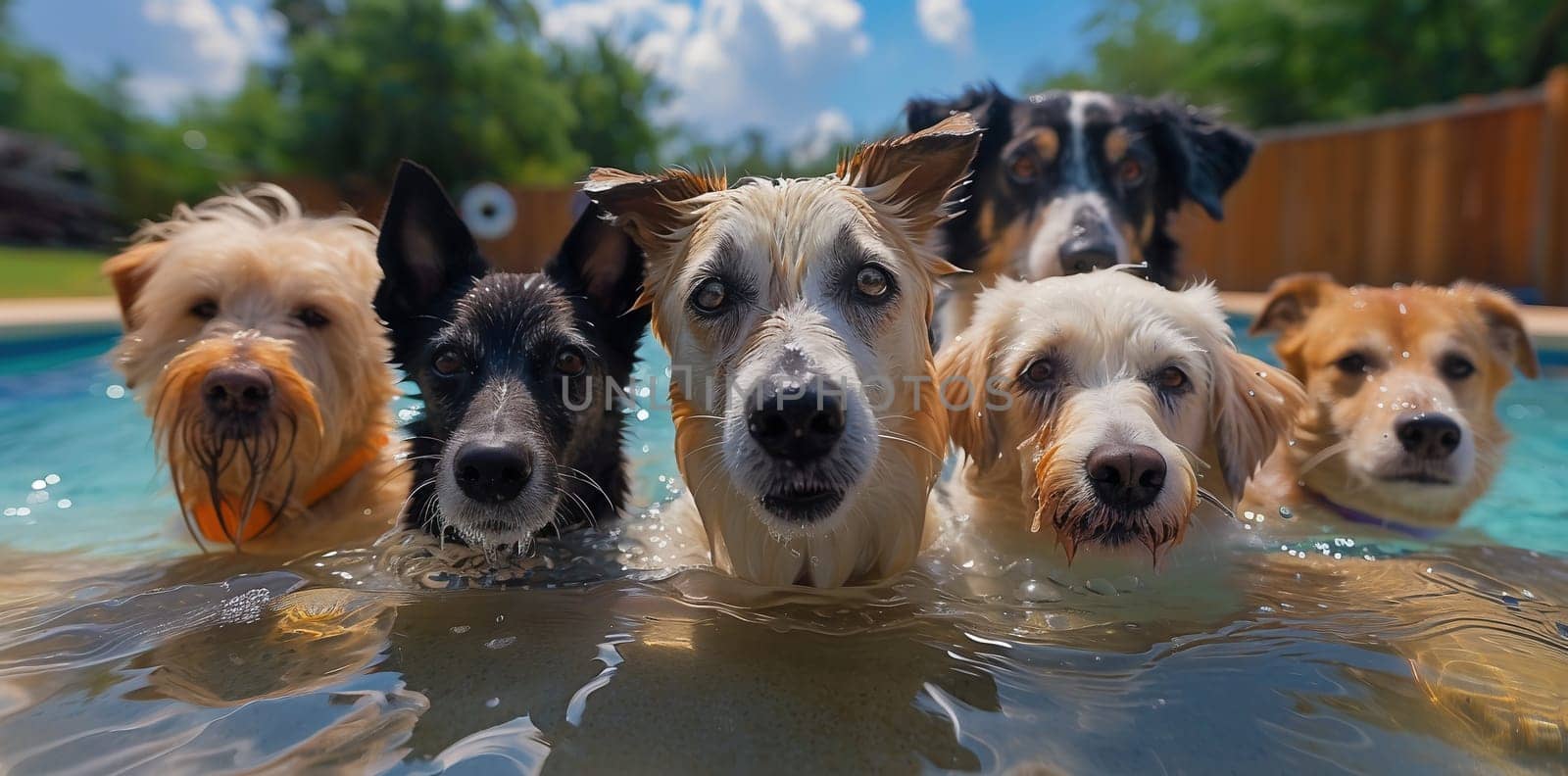 Portrait of dogs playing in the pool. High quality photo