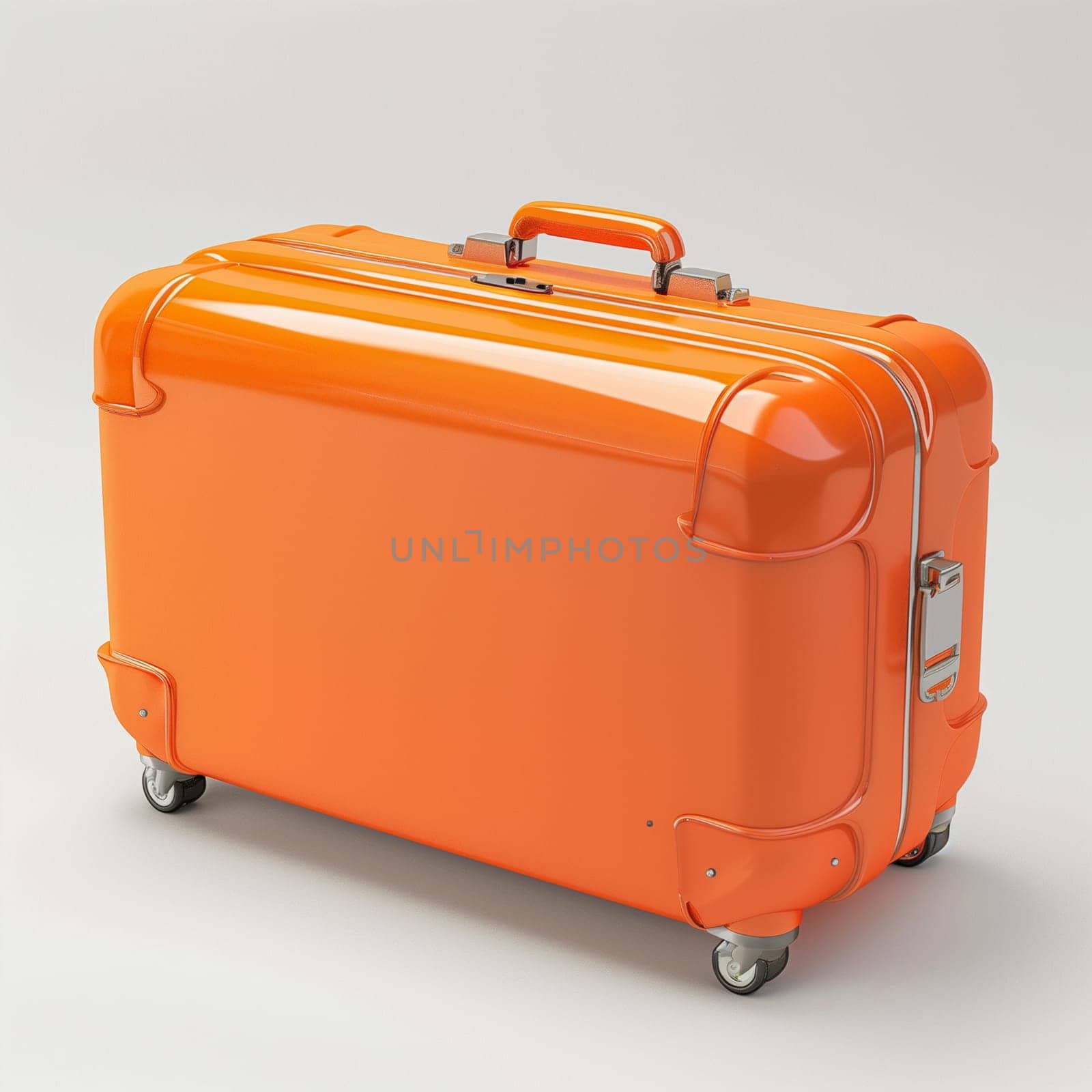 An orange suitcase sits on a clean white floor in a simple interior setting.