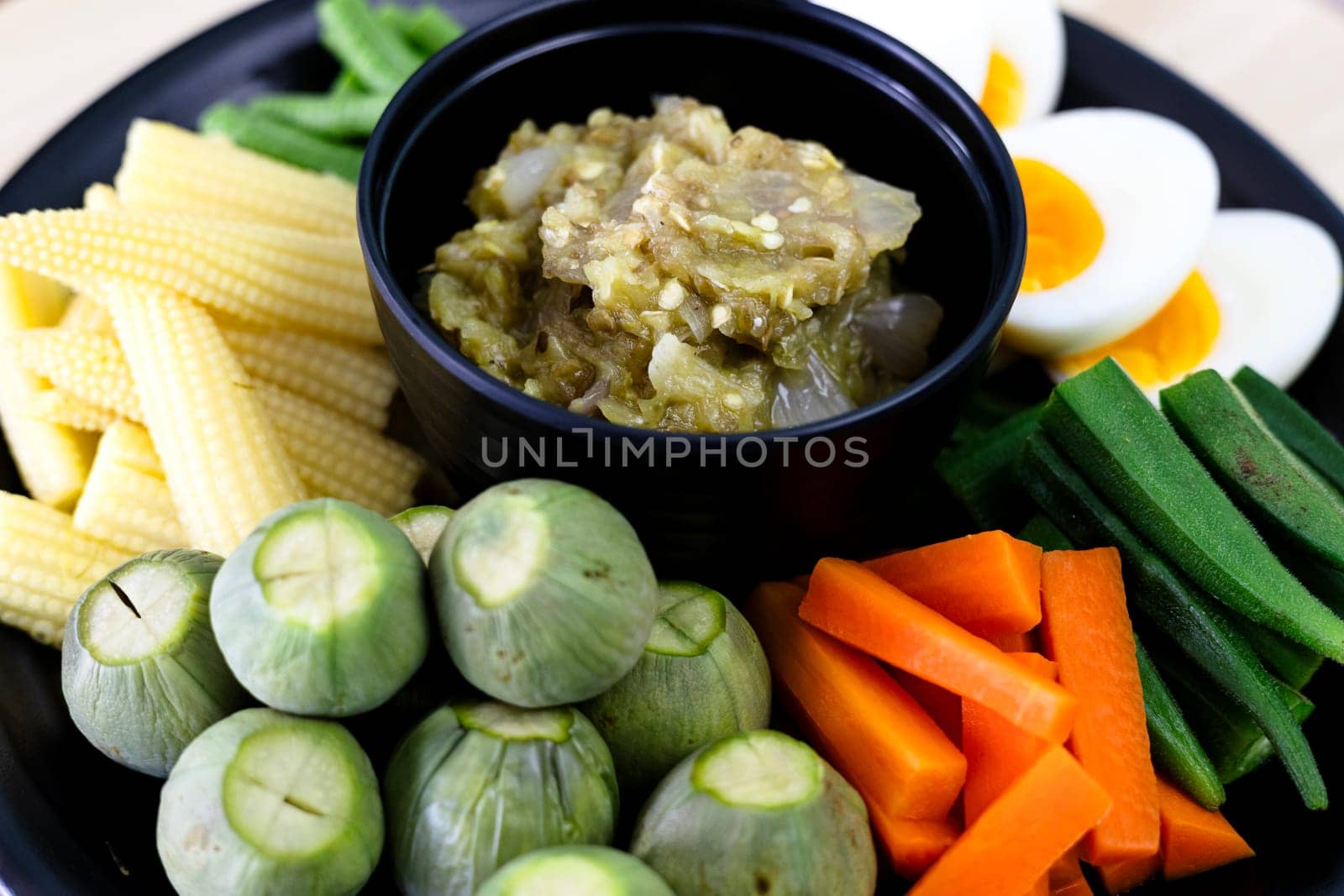 Chili paste made from fish and boiled vegetables. Authentic Traditional Thai food.