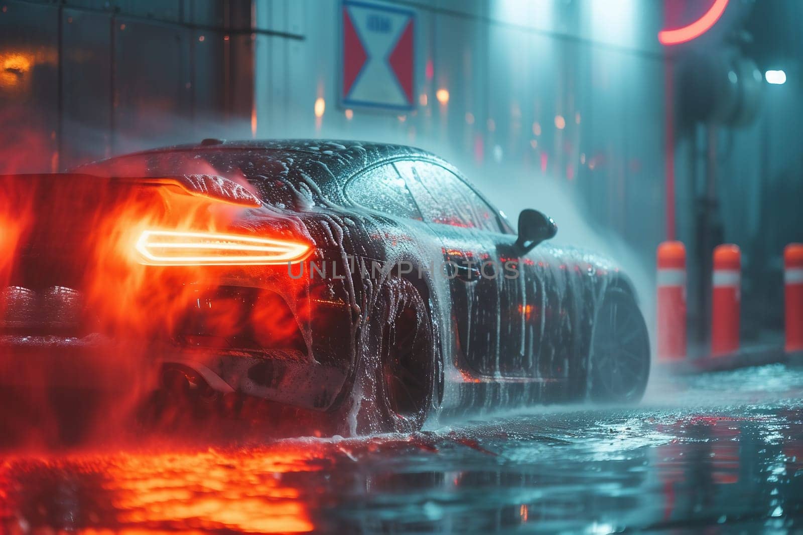 Hard rain fall at night with blurry cars as background. High quality photo