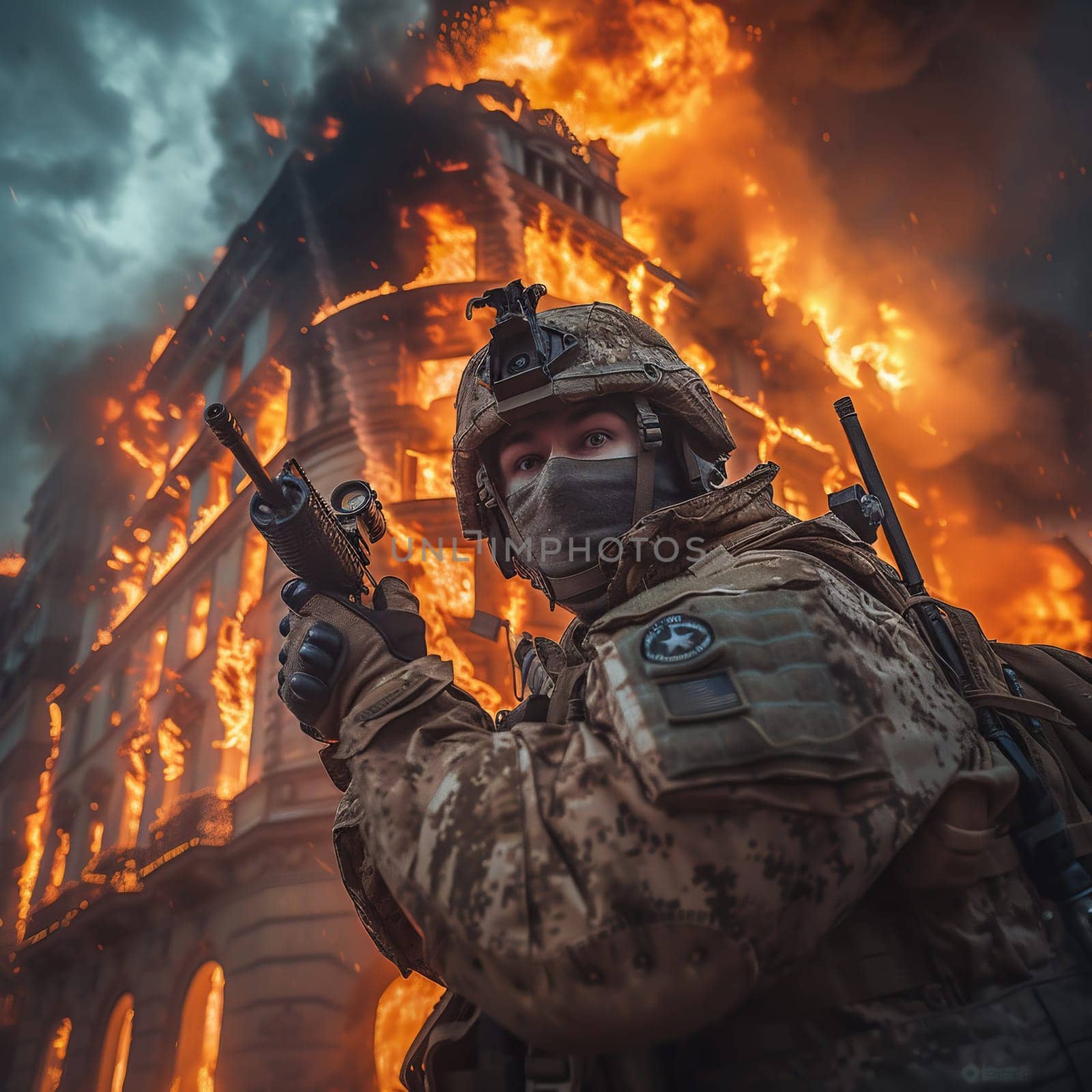 A soldier fights in a warforest area surrounded by fire. High quality photo