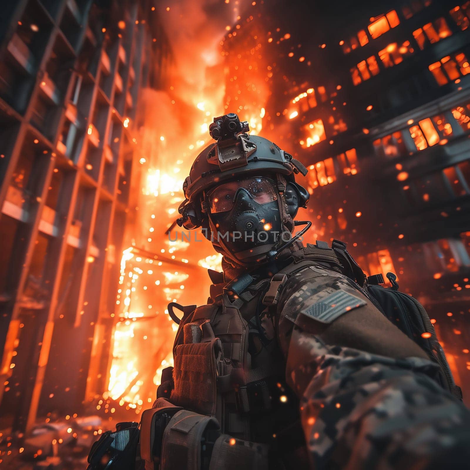 A soldier fights in a warforest area surrounded by fire. High quality photo