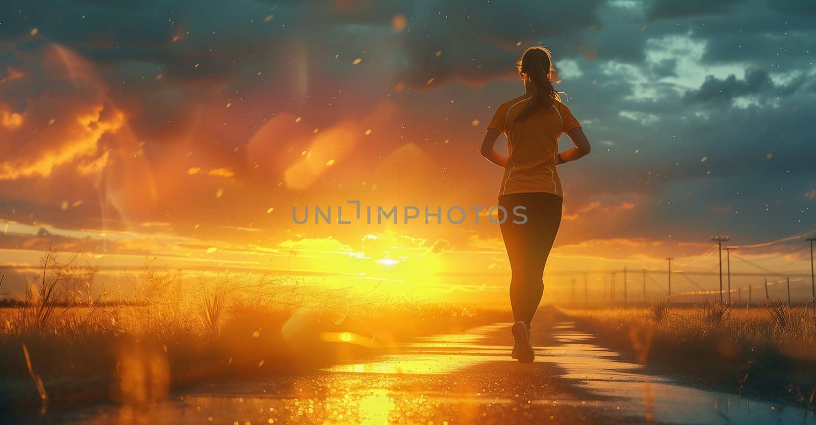 Silhouette of running woman against the colorful sky. Silhouette of running man on sunset fiery background by Andelov13