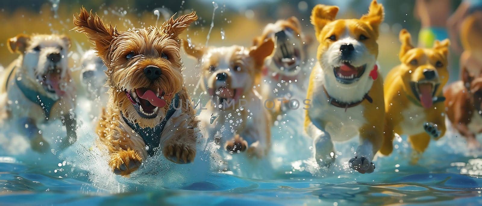 A group of strong dogs play in the water with a stick. dogs jumping along the beach. High quality photo