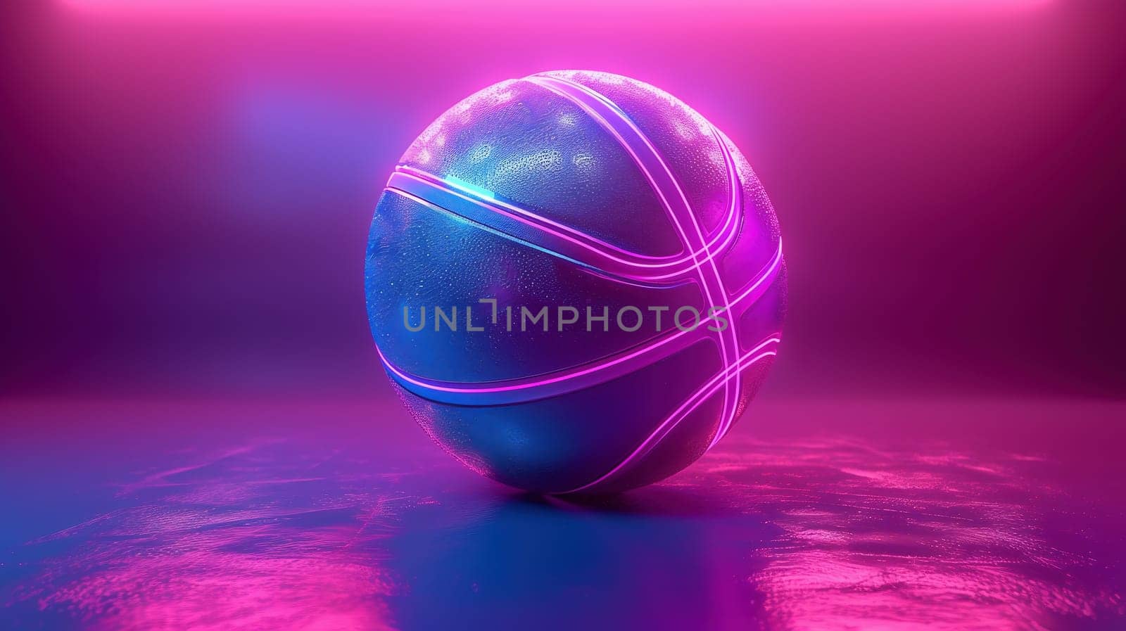 Basketball ball with glowing lines on colorful blue and pink neon light background. Futuristic sport concept. 3d rendering by Andelov13